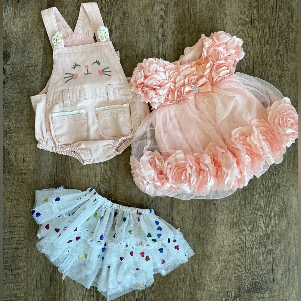 Pink Floral Dress and Overalls Set for Kids